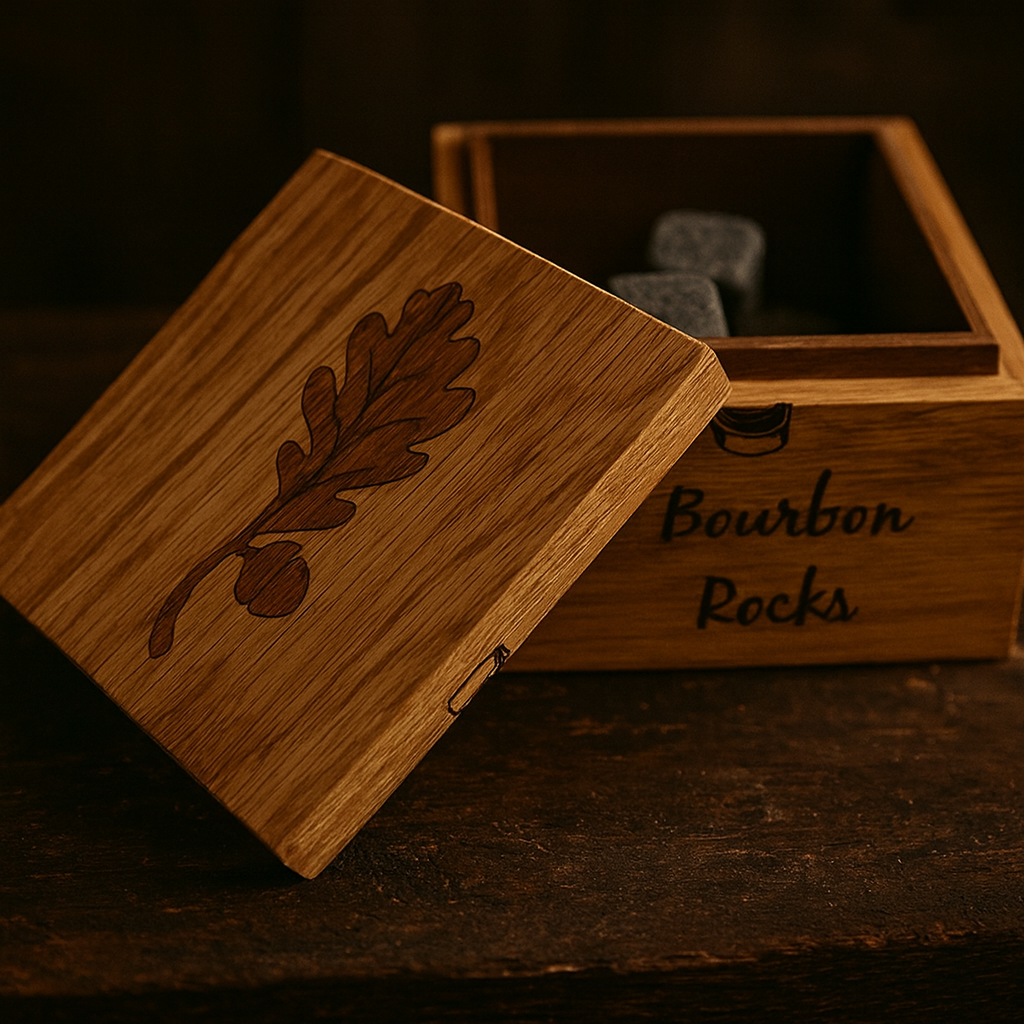 White oak bourbon rocks box with walnut oak-leaf inlay