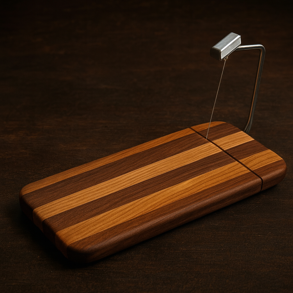 Striped maple, walnut, and cherry cheese board with slicer
