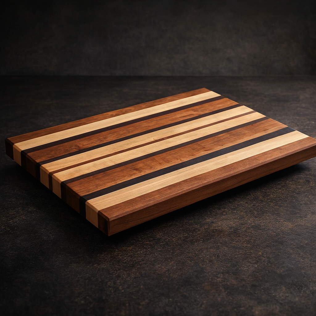 Walnut, maple, and cherry cutting board with softened chamfers