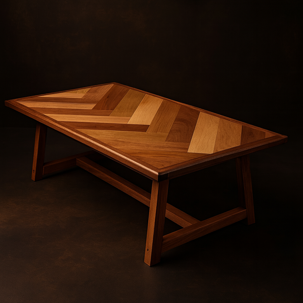 Herringbone-pattern coffee table made from multiple wood species