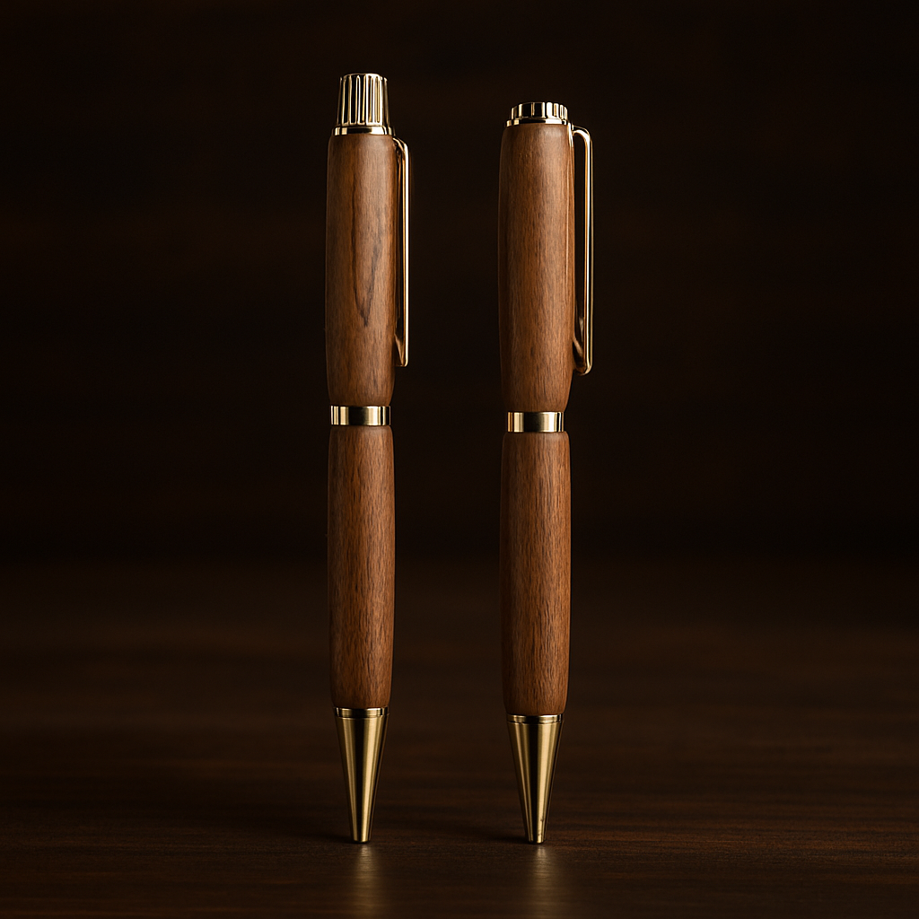 Hand-turned walnut pen and pencil set with brass hardware