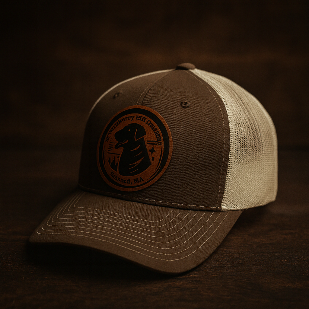 Trucker hat with engraved leather Strawberry Hill Designs patch